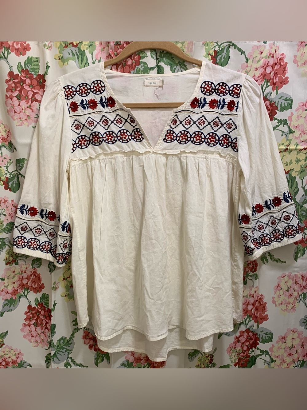 Kyla Sea Off White Navy Maroon Embroidered XL Peasant Blouse.          3359